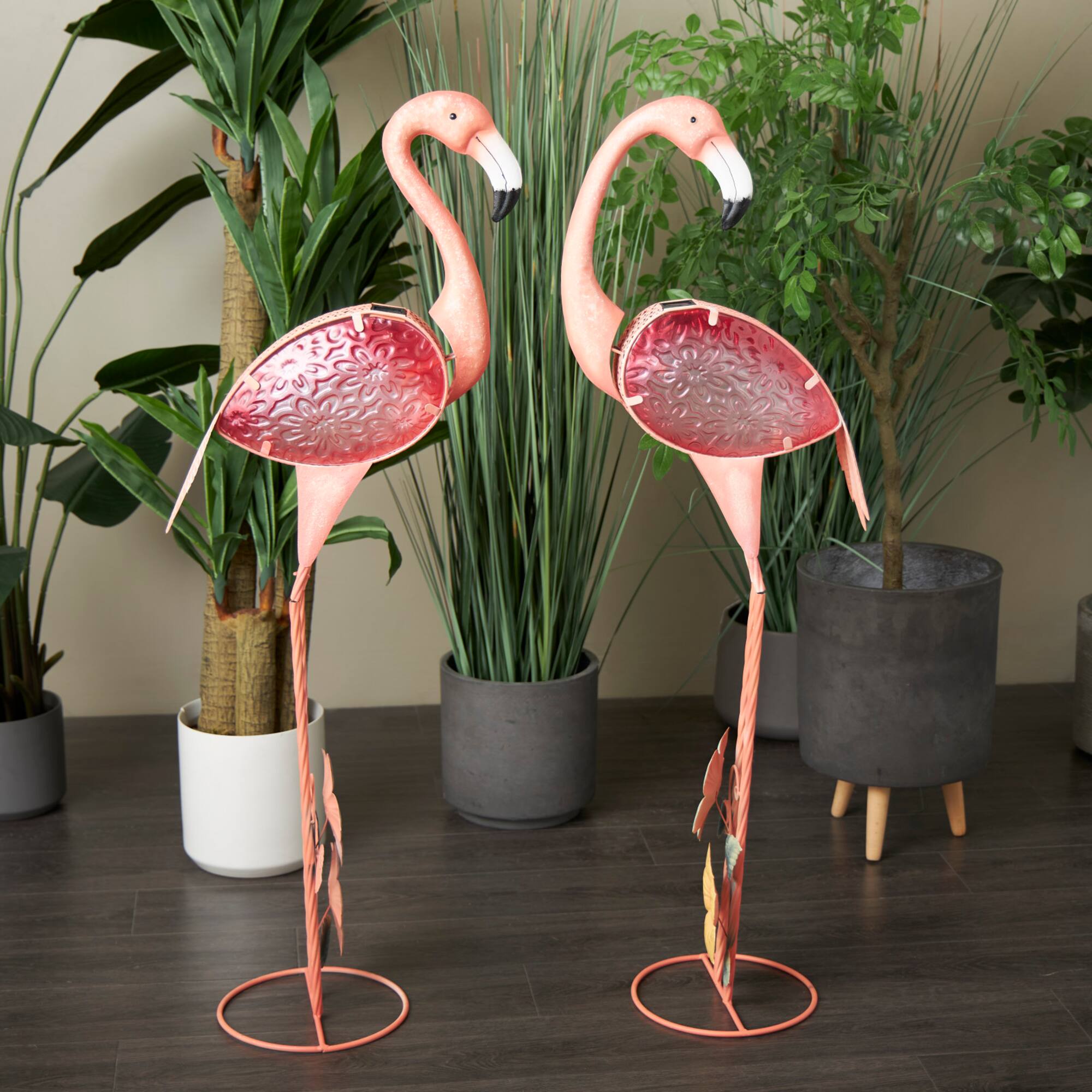 46" Tall Floral & Shimmer Pink Metal Flamingo Garden Sculpture Set